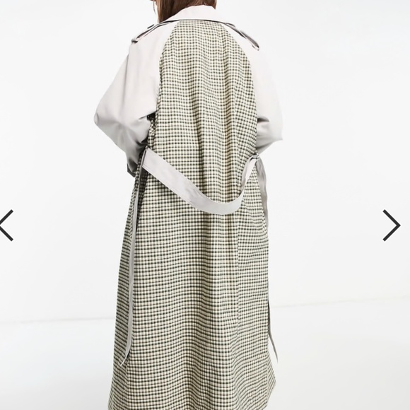 ASOS Design Spliced Check Trench Coat in Stone - Picture 1 of 9